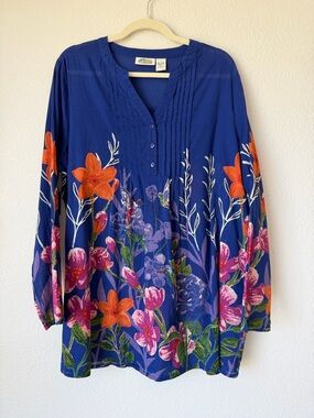 Collections Etc Floral Hummingbird Tunic Top XL Blue Cotton Boho Vintage